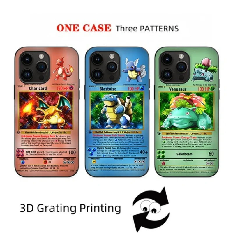 3D Grating Card Pokemon Charizard Phone Case for iPhone 16 15 14 13 11 12 17 Pro Max Plus Mini Air Blastoise Venusaur Back Cover