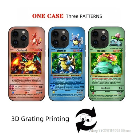 3D Grating Card Pokemon Charizard Phone Case for iPhone 16 15 14 13 11 12 17 Pro Max Plus Mini Air Blastoise Venusaur Back Cover