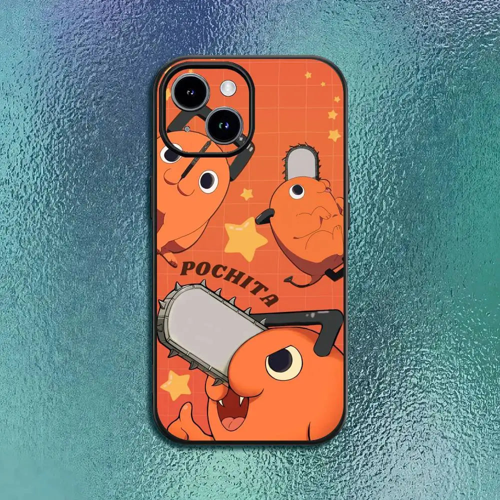 Chainsaw Man P-Pochita Phone Case For 11 12 13 14 15 16Pro Max mini Plus Classic black soft shell