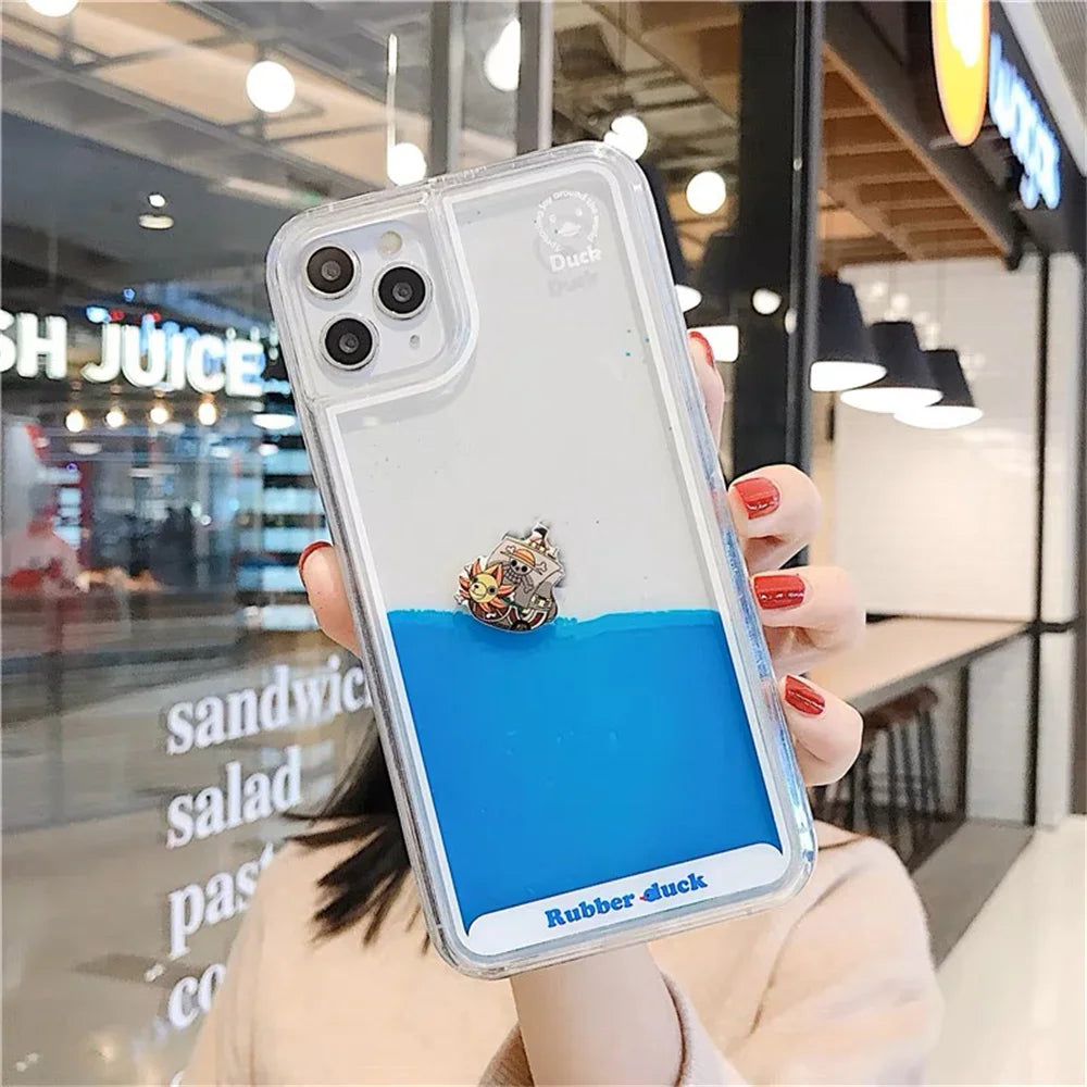 Floating Liquid Quicksand Transparent Soft Case Cover For iPhone 15 Plus 14 12 11 13 Pro MAX Cartoon Pirate Ship Icon Capa Coque