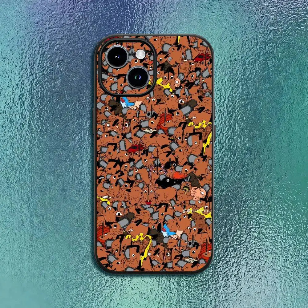 Chainsaw Man P-Pochita Phone Case For 11 12 13 14 15 16Pro Max mini Plus Classic black soft shell