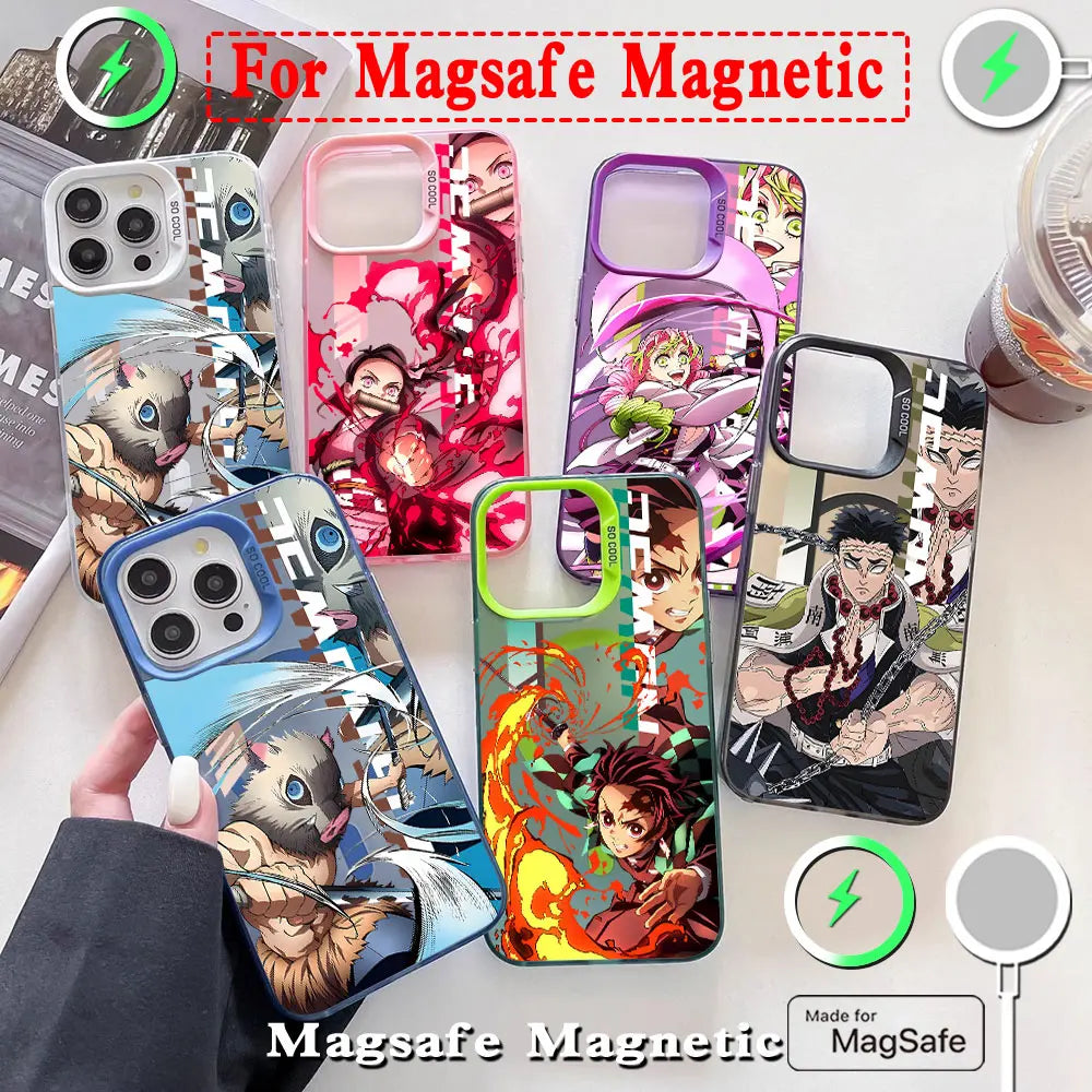Hot Anime Demon Slayer Magsafe Magnetic Case for iPhone 11 12 13 14 15 16 Pro Max Plus Soft Silver Plated Anti Fall Cover