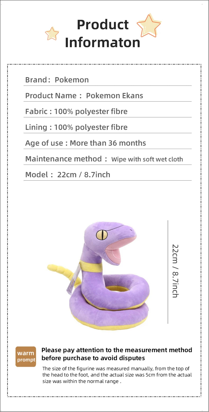Pokemon Ekans Plush Toy Cartoon & Cute Children's Toy Anime Stuffed Doll Halloween Decorations Birthday Present