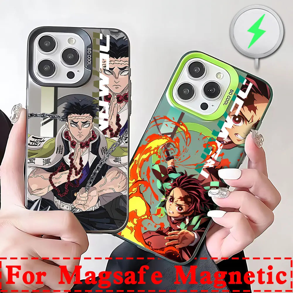 Hot Anime Demon Slayer Magsafe Magnetic Case for iPhone 11 12 13 14 15 16 Pro Max Plus Soft Silver Plated Anti Fall Cover