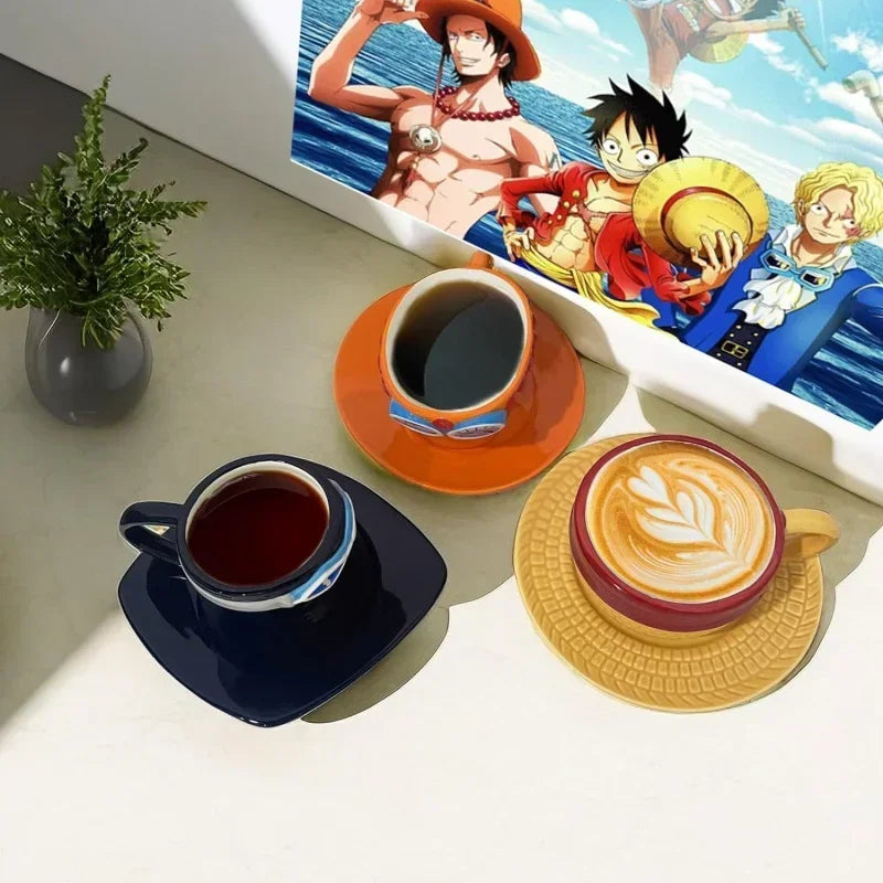 Anime Design Coffee Cup Luffy Eiss Sabo Creative Three Brothers Hat Shaped Ceramics Coffee Cup and Saucer Child's Birthday Gift