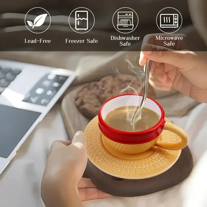 Anime Design Coffee Cup Luffy Eiss Sabo Creative Three Brothers Hat Shaped Ceramics Coffee Cup and Saucer Child's Birthday Gift