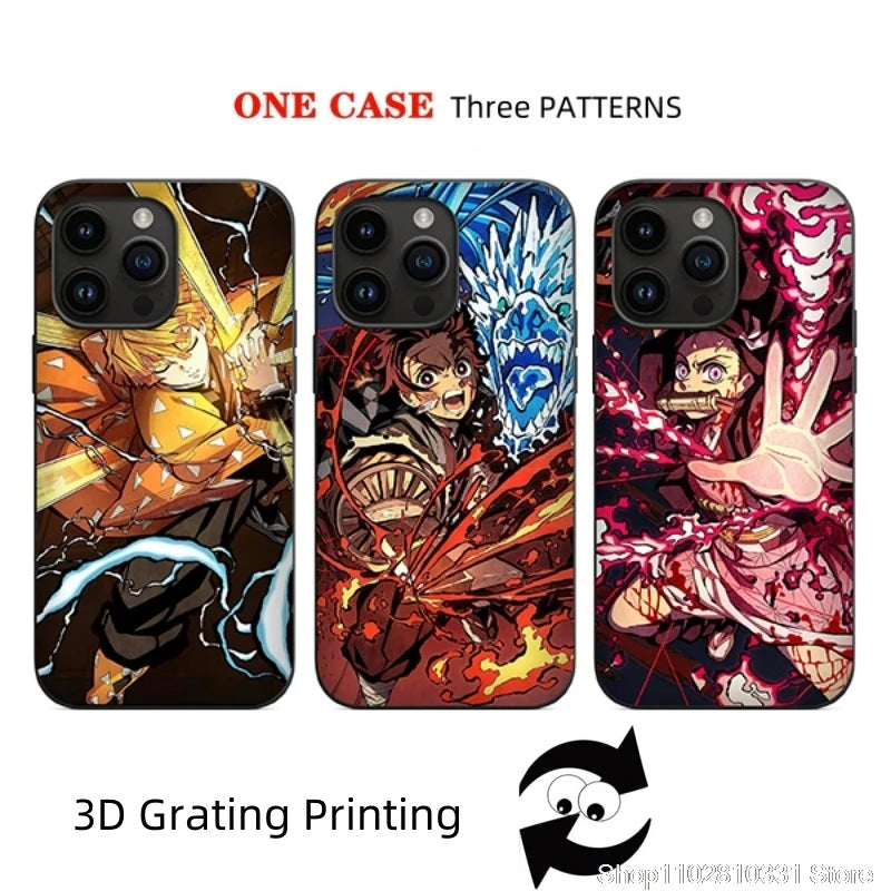 3D Grating Card Demon Slayer Tanjirou Phone Case for iPhone 11 12 13 14 15 16 17 Pro Max Plus Mini Air Zenitsu Nezuko Back Cover