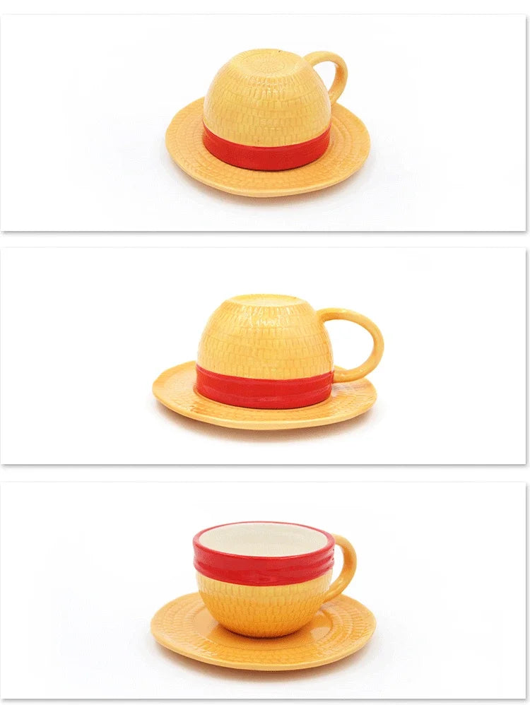 Anime Design Coffee Cup Luffy Eiss Sabo Creative Three Brothers Hat Shaped Ceramics Coffee Cup and Saucer Child's Birthday Gift