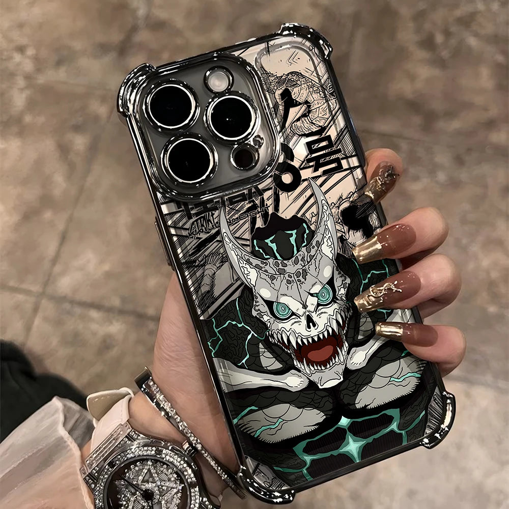 Plating Phone Case For Kaiju No 8 Kafkas iPhone 16e 16 15 14 13 12 11 Pro Max X XR XSMax 7 8 6 Plus Anti-Fall Airabag Back Cover
