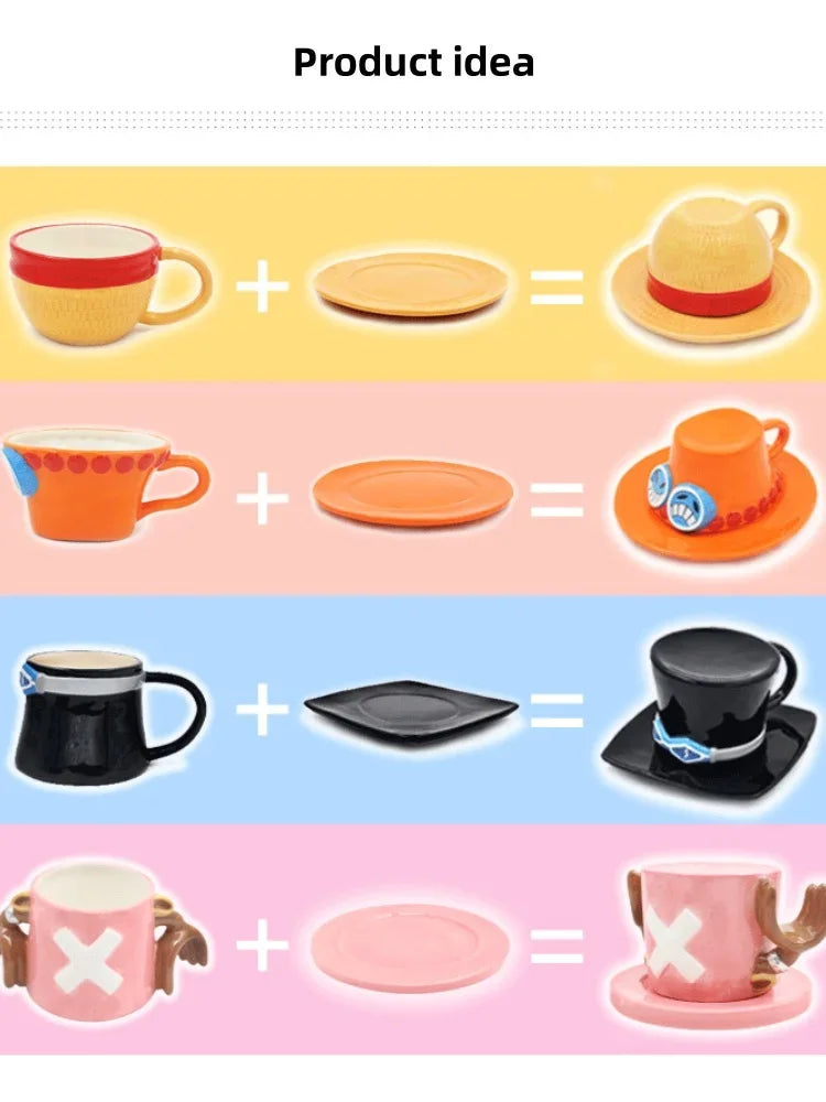 Anime Design Coffee Cup Luffy Eiss Sabo Creative Three Brothers Hat Shaped Ceramics Coffee Cup and Saucer Child's Birthday Gift