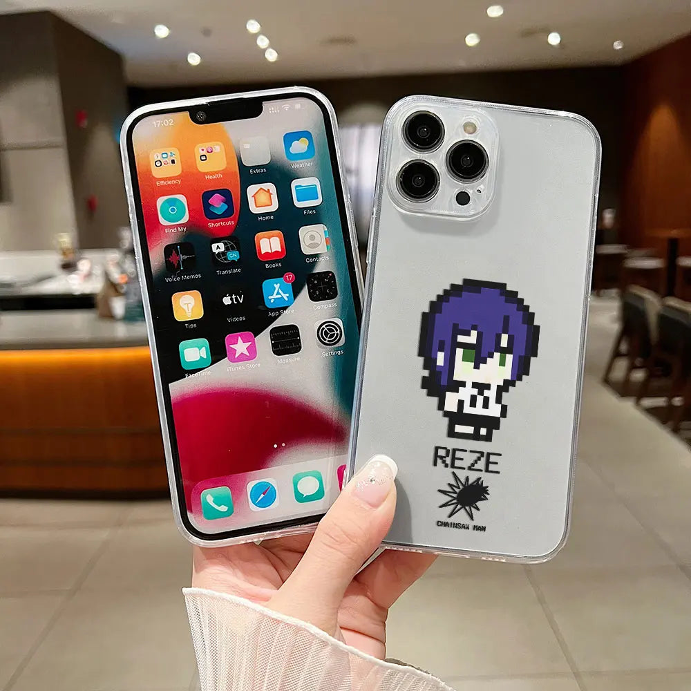 Pixel Cartoon Chainsaw Man Hot Phone Case For iPhone 16 15 14 13 12 11 Mini Pro Max X XR XSMax 7 8 Plus SE20 Transparent Cover
