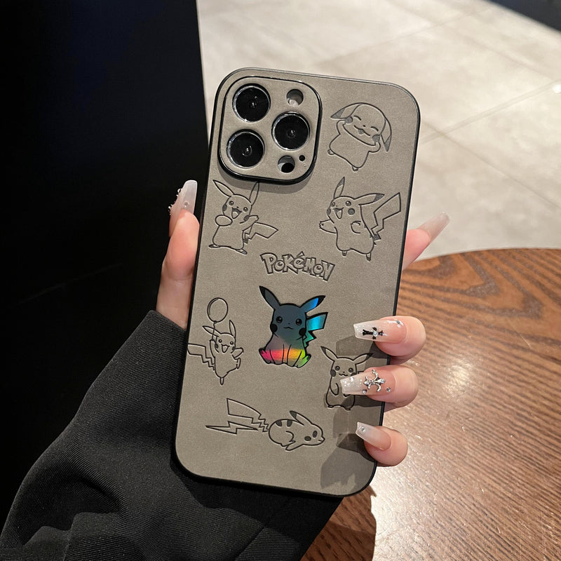 Pocket Monsters Pokemon Pikachu relief laser Leather Phone Case For iPhone 15 14 13 12 11 Pro Xs Max X Xr Xs 7 8 Puls Soft Cover