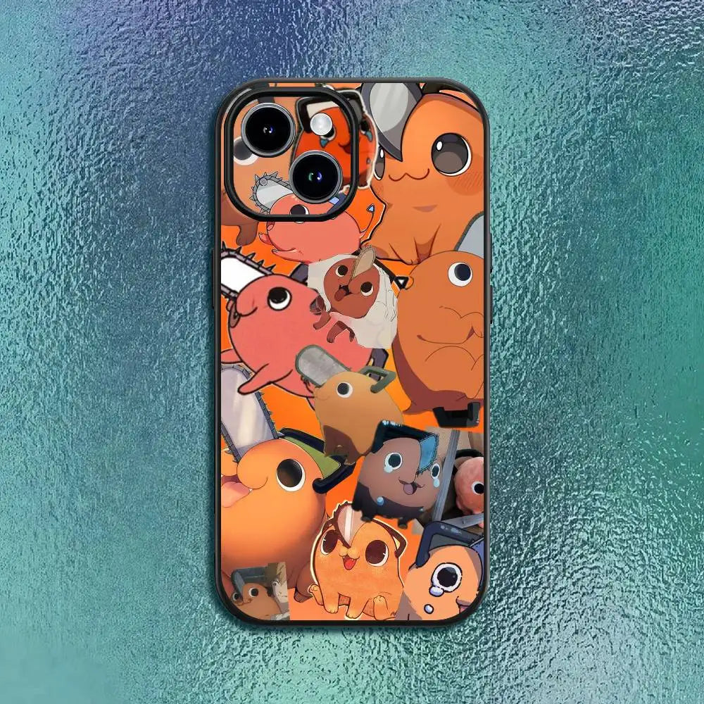 Chainsaw Man P-Pochita Phone Case For 11 12 13 14 15 16Pro Max mini Plus Classic black soft shell