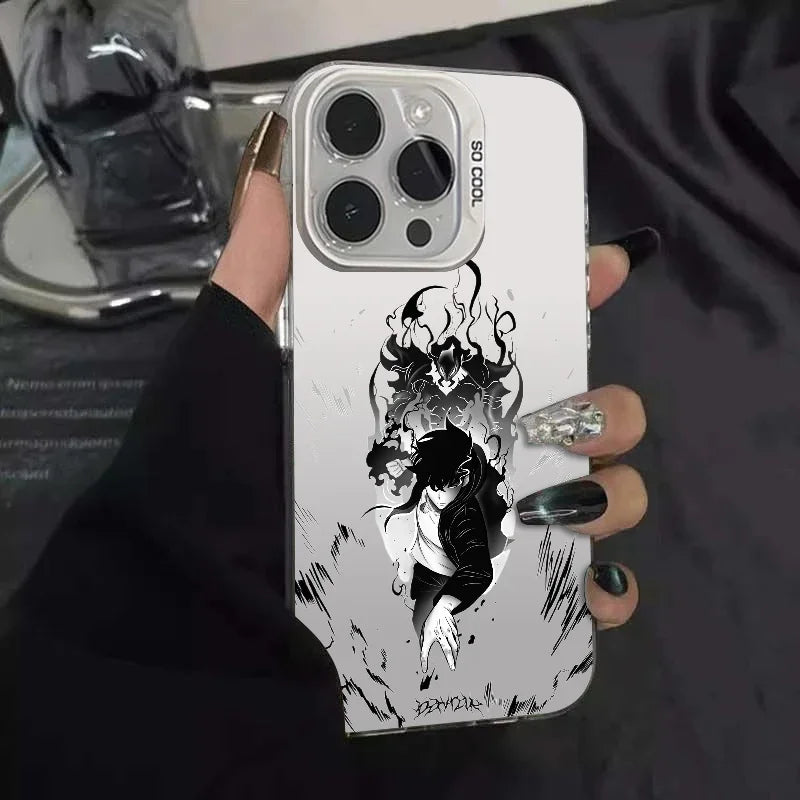 1PC Solo Leveling Cool Anime Phone Case Phone Case IMD color silver shell For iPhone 16 15 14 13 12 11 Pro Max Plus