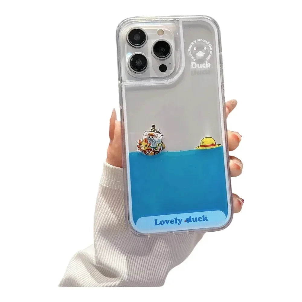 Floating Liquid Quicksand Transparent Soft Case Cover For iPhone 15 Plus 14 12 11 13 Pro MAX Cartoon Pirate Ship Icon Capa Coque