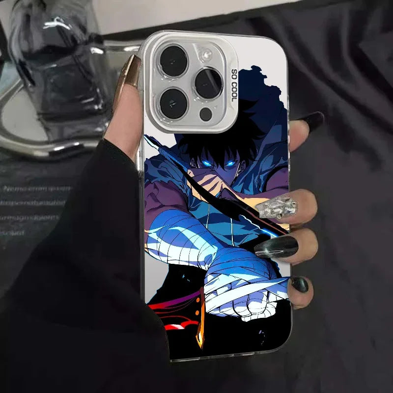 1PC Solo Leveling Cool Anime Phone Case Phone Case IMD color silver shell For iPhone 16 15 14 13 12 11 Pro Max Plus